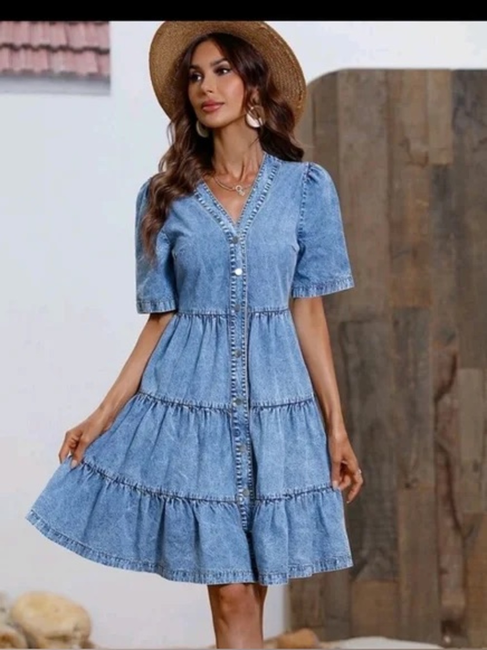 SHEIN Blue Denim Tiered Button-Front Mini Dress